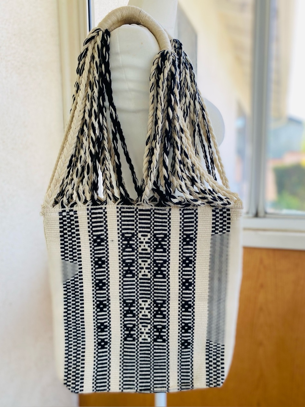 Handwoven Black & Ivory Boho Tote Bag Braided Handles Large Zip Tote